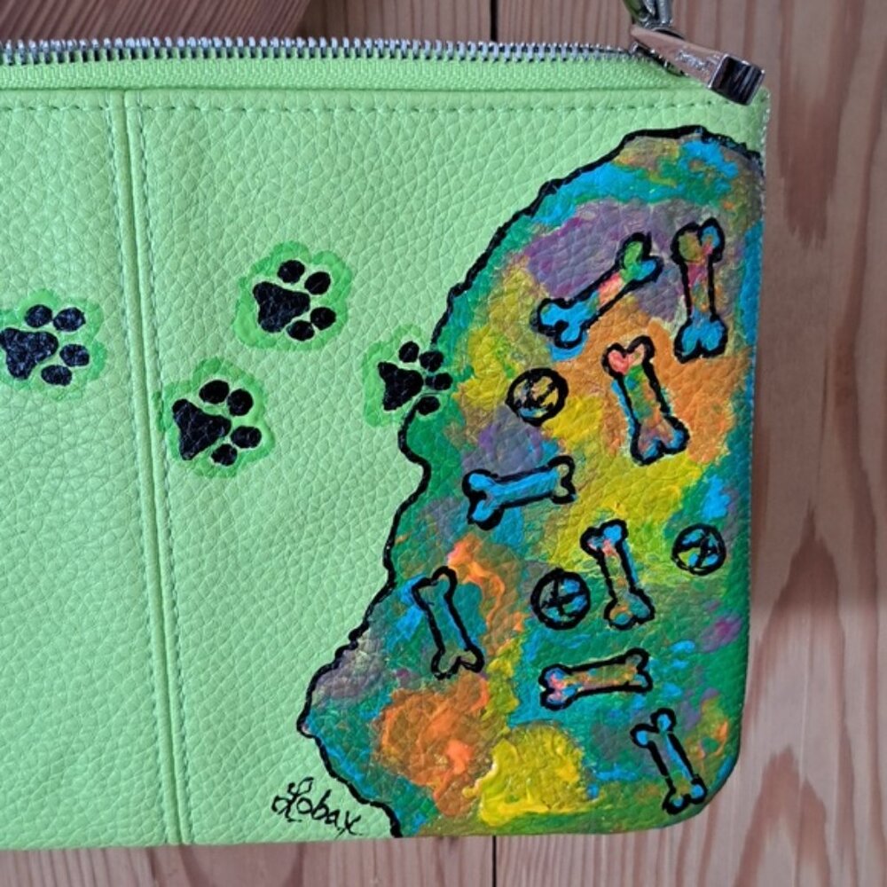 Hand Painted Faux Leather Lime Green Crossbody Dog Mom Bag Purse - Picture 8 of 13